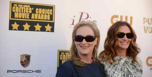 Meryl Streep and Julia Roberts attend the 19th annual Critics' Choice Movie Awards presented by Porsche at The Barker Hangar in Santa Monica on Thursday, Jan. 16, 2014.