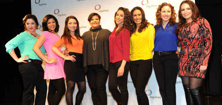 Writer/director Linda Nieves-Powell, fourth from left, and radio personality Angie Martinez, right, join the cast after the debut of the P&G Orgullosa production of "Nueva Latina Monologues," written by Nieves-Powell, at the Helen Mills Theater, Wednesday, Feb. 26, 2014 in New York. (Photo by Diane Bondareff/Invision for P&G Orgullosa/AP Images)