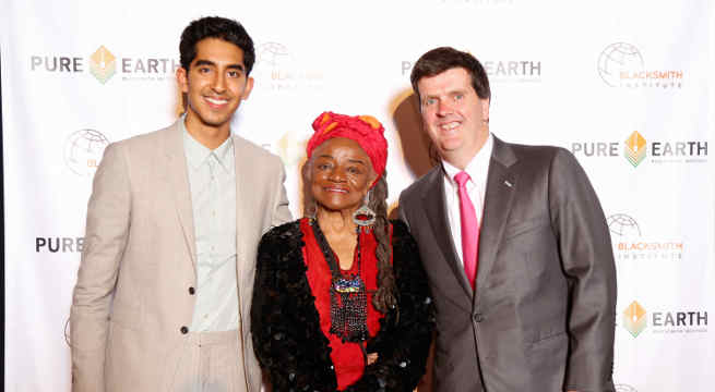 Dev Patel with artist Faith Ringgold and Pure Earth / Blacksmith Institute President Richard Fuller at the inaugural Pure Earth benefit gala held in NYC.