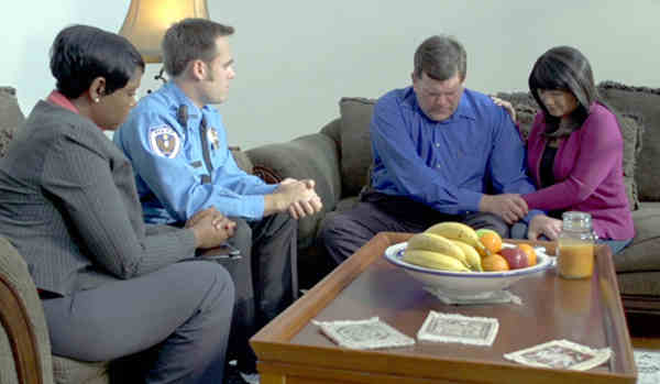 A scene from the demonstration video embedded in the “We Regret to Inform You...” online training module developed jointly by the FBI and Pennsylvania State University to provide assistance to law enforcement and other first responders charged with providing death notifications to victims’ next of kin.