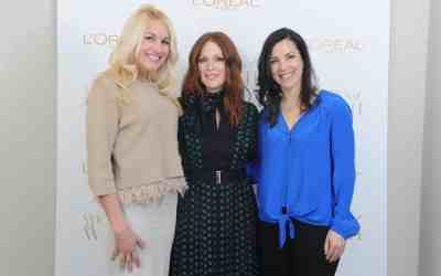 L'Oreal Paris ambassador Julianne Moore and L'Oreal Paris Women of Worth honorees Kaitlin Roig-DeBellis and Phyllis Sudman launch the 10th Anniversary of Women of Worth