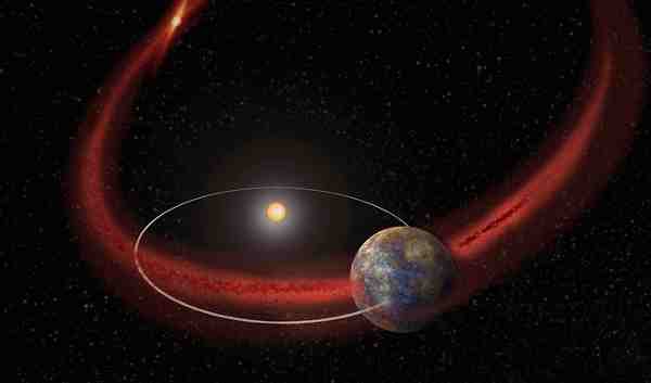 Mercury appears to undergo a recurring meteor shower, perhaps when its orbit crosses the debris trail left by comet Encke. (Artist's concept.)