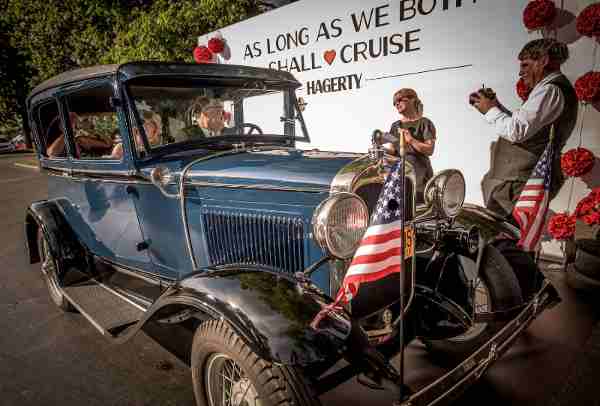 Couple renews their vows in their 1930 Model A at Hagerty's vow renewal ceremony at Woodward Dream Cruise