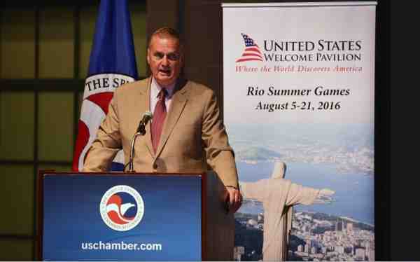 General James Jones, former United States National Security Advisor and Supreme Allied Commander Europe, urges corporate attendees to support the US Welcome Pavilion during a reception held at the U.S. Chamber of Commerce in Washington, DC.