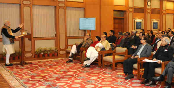 Narendra Modi interacting with the Secretaries to the Government of India, in New Delhi on December 31, 2015.
