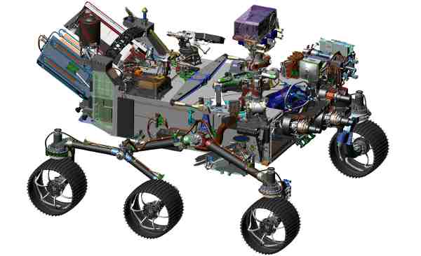 This image is from computer-assisted-design work on the Mars 2020 rover. The design leverages many successful features of NASA's Curiosity rover, which landed on Mars in 2012, but also adds new science instruments and a sampling system to carry out new goals for the 2020 mission.