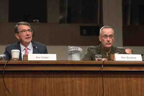 Defense Secretary Ash Carter and Marine Corps Gen. Joe Dunford, chairman of the Joint Chiefs of Staff, testify before the Senate Armed Services Committee in Washington, D.C., Sept. 22, 2016. DoD photo by Navy Petty Officer 2nd Class Dominique A. Pineiro