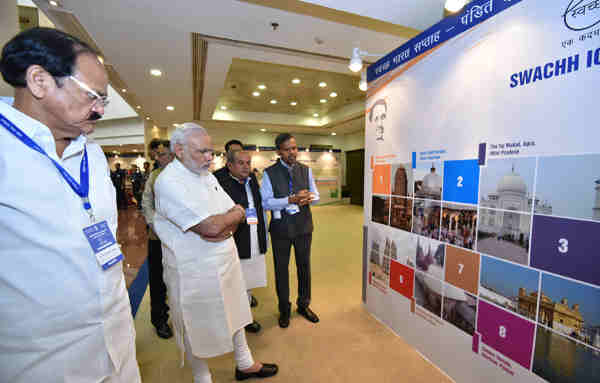 Narendra Modi watching the exhibition on ‘Sanitation’, at the inaugural ceremony of the INDOSAN (India Sanitation Conference), in New Delhi on September 30, 2016