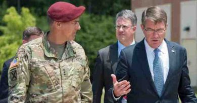 Secretary of Defense Ash Carter speaks with Army Lt. Gen. Stephen Townsend, left, XVIII Airborne Corps commanding general, during a visit to Fort Bragg, N.C., July 27, 2016. Townsend is the incoming commander for Combined Joint Task Force-Operation Inherent Resolve. (DoD photo by Air Force Tech. Sgt. Brigitte N. Brantley)