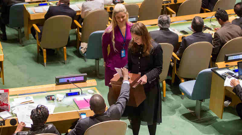 Collection of ballots at the 36th plenary meeting of the seventy-first session of the General Assembly, to elect 14 new members to the Human Rights Council. UN Photo / JC McIlwaine