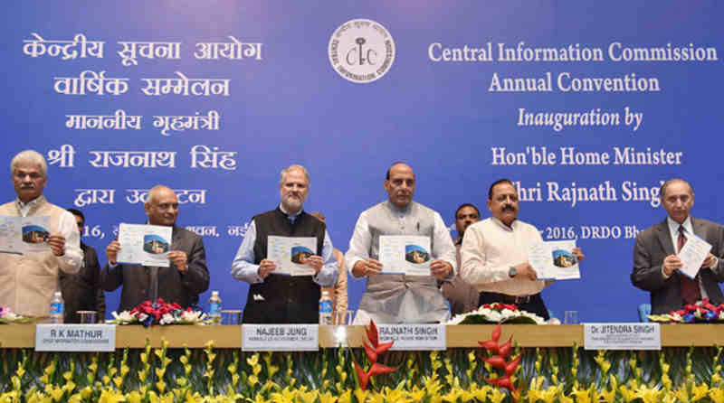 The Union Home Minister, Rajnath Singh, at the inauguration of the 11th Annual Convention of Central Information Commission (CIC), in New Delhi on November 07, 2016. The Lt. Governor of Delhi, Najeeb Jung, the Minister of State for Development of North Eastern Region, Jitendra Singh, the Chief Information Commissioner, R.K. Mathur and other dignitaries are also seen. Photo: Press Information Bureau
