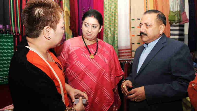 Smriti Irani and Jitendra Singh visiting the Purbashree Stall at Dilli Haat, INA, in New Delhi on November 28, 2016