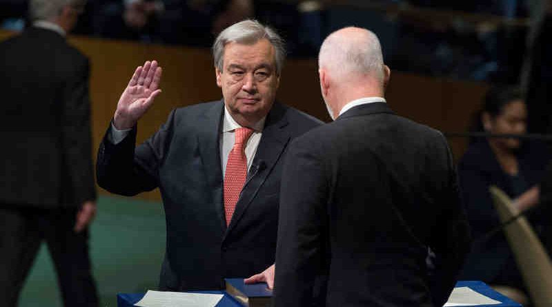 António Guterres, Secretary-General-designate of the United Nations, takes the oath of office for his five-year term, which begins on 1 January 2017. The oath was administered by Peter Thomson, President of the 71st session of the General Assembly. UN Photo / Eskinder Debebe