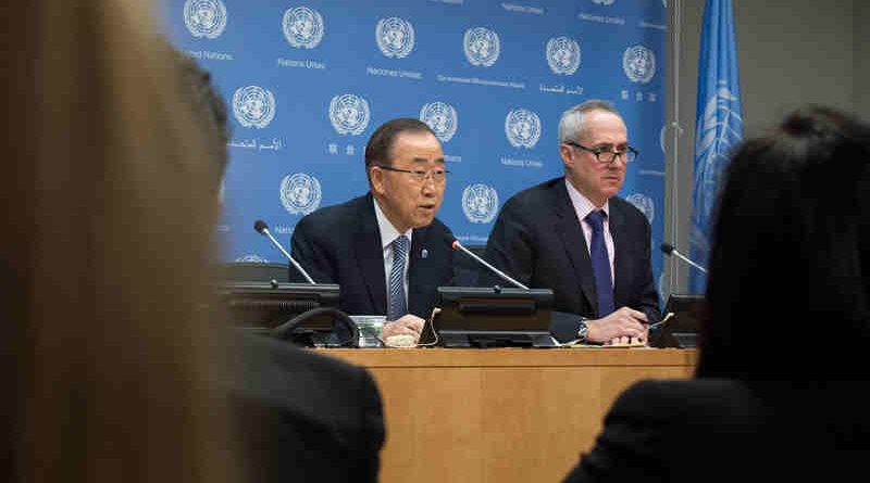 Secretary-General Ban Ki-moon (left) addresses a press conference, his last at United Nations headquarters, as his term of office draws to a close at the end of the year. At his side is his Spokesperson, Stéphane Dujarric. UN Photo / Eskinder Debebe