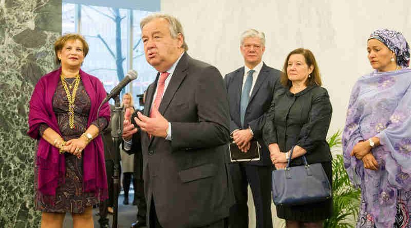 On his first day at work, António Guterres, the new United Nations Secretary-General, addresses staff members. UN Photo / Rick Bajornas