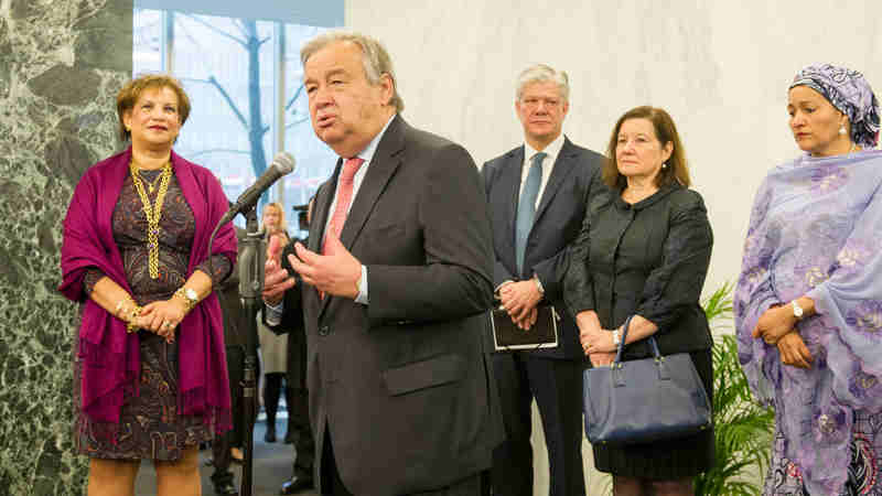 On his first day at work, António Guterres, the new United Nations Secretary-General, addresses staff members. UN Photo / Rick Bajornas