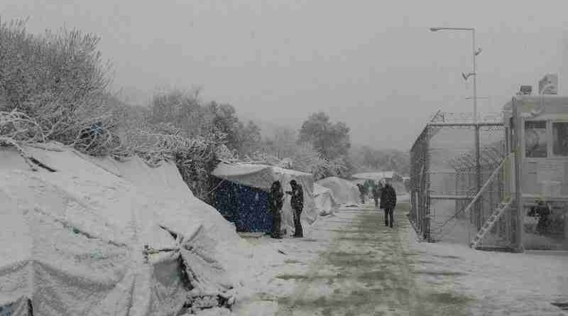 Migrant and asylum seeker camp on the Greek island of Lesvos covered in snow as icy temperatures and heavy snowstorms affect region. Photo: IOM 2017