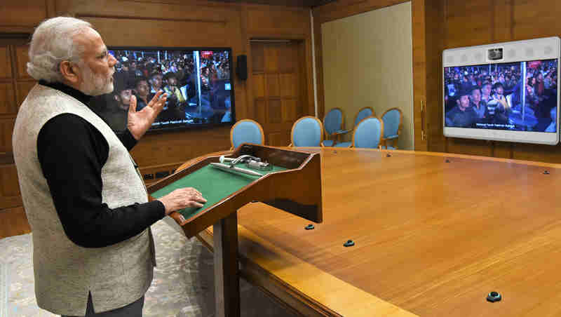 Narendra Modi using video conferencing in New Delhi on January 12, 2017