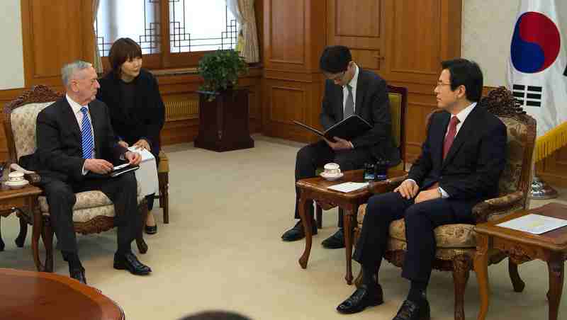 Defense Secretary Jim Mattis, left, meets with the acting President of South Korea, Prime Minister Hwang Kyo-ahn, during a visit to Seoul, South Korea, Feb. 02, 2017. DoD photo by Army Sgt. Amber I. Smith