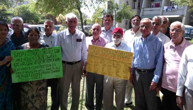 Senior citizens in group housing societies of Dwarka urge the government to save them from dust and noise pollution of extended construction activity. Photo of March 26, 2017 by Rakesh Raman