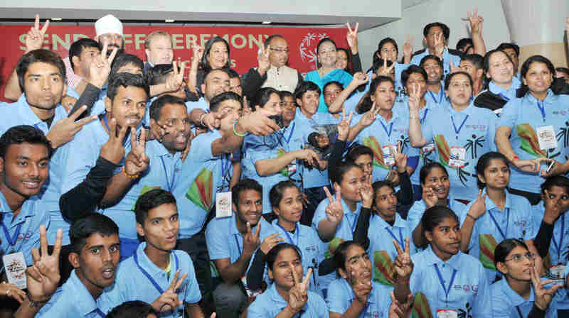 Vijay Goel at the send-off ceremony for the team of Special Olympics Bharat for participation in World Winter Games 2017 in Austria, in New Delhi on March 10, 2017