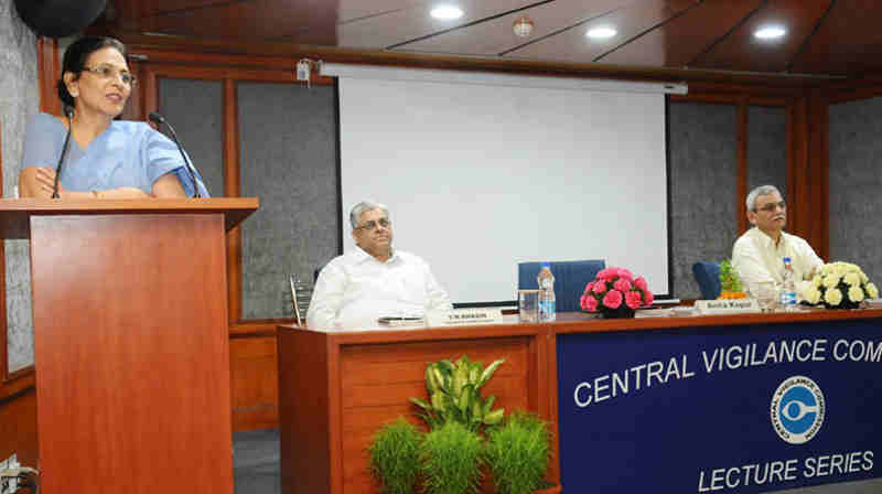 The Member, Competition Appellate Tribunal (CAT), Smt. Anita Kapur delivering the 18th lecture of the CVC ‘Lecture Series’, on ‘Tax Regime for countering Corruption’, in New Delhi on April 26, 2017. The Central Vigilance Commissioner, Shri K.V. Chowdary and the Vigilance Commissioner Dr. T.M. Bhasin are also seen.