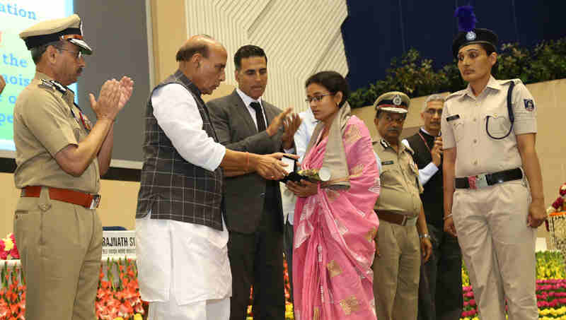 Rajnath Singh presenting the Police Medal for Gallantry on the occasion of the Valour day of Central Reserve Police Force, in New Delhi on April 09, 2017