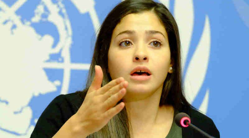 Syrian refugee Yusra Mardini, speaking in Geneva on her appointment as UNHCR Goodwill Ambassador. UN Photo / Daniel Johnson