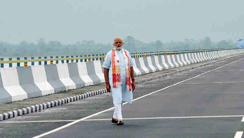 Narendra Modi at the Dhola-Sadia Bridge, across River Brahmaputra, in Assam on May 26, 2017