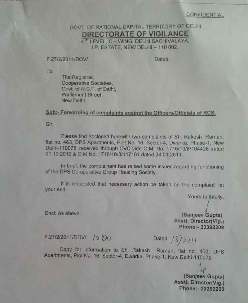 Letter from Directorate of Vigilance under CVC directions to start a corruption inquiry at DPS CGHS. Inquiry is still pending.