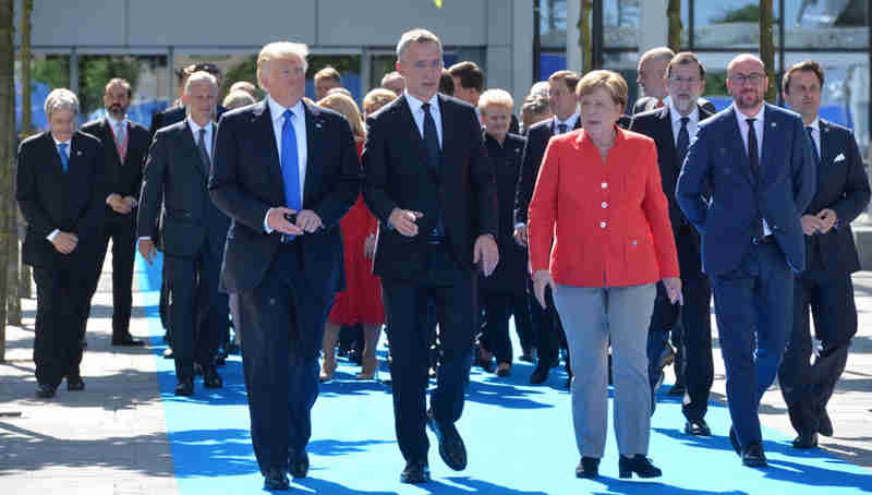 Donald Trump (President, United States), NATO Secretary General Jens Stoltenberg and Angela Merkel (Federal Chancellor, Germany)