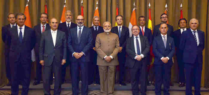 Narendra Modi in a group photograph with the Spanish CEOs, in Madrid, Spain on May 31, 2017