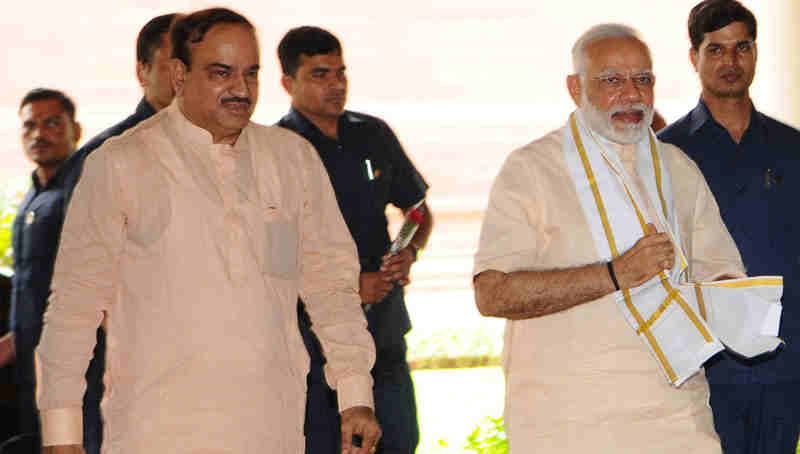 Narendra Modi at the All Party Meeting, in Parliament House, in New Delhi on July 16, 2017. The Union Minister for Chemicals & Fertilizers and Parliamentary Affairs, Ananth Kumar, is also seen.