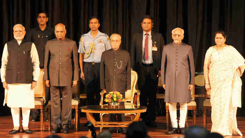 The President, Shri Pranab Mukherjee, the Vice President, Shri M. Hamid Ansari, the President-elect, Shri Ram Nath Kovind and the Prime Minister, Shri Narendra Modi at the release of Volume 4 of President Pranab Mukherjee’s selected speeches in Rashtrapati Bhavan, in New Delhi on July 24, 2017.