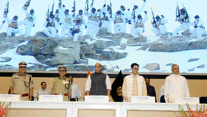 The Union Home Minister, Shri Rajnath Singh at the Pipping Ceremony on Promotion of officers and personnel of ITBP, in New Delhi on August 21, 2017. The Minister of State for Home Affairs, Shri Kiren Rijiju is also seen.