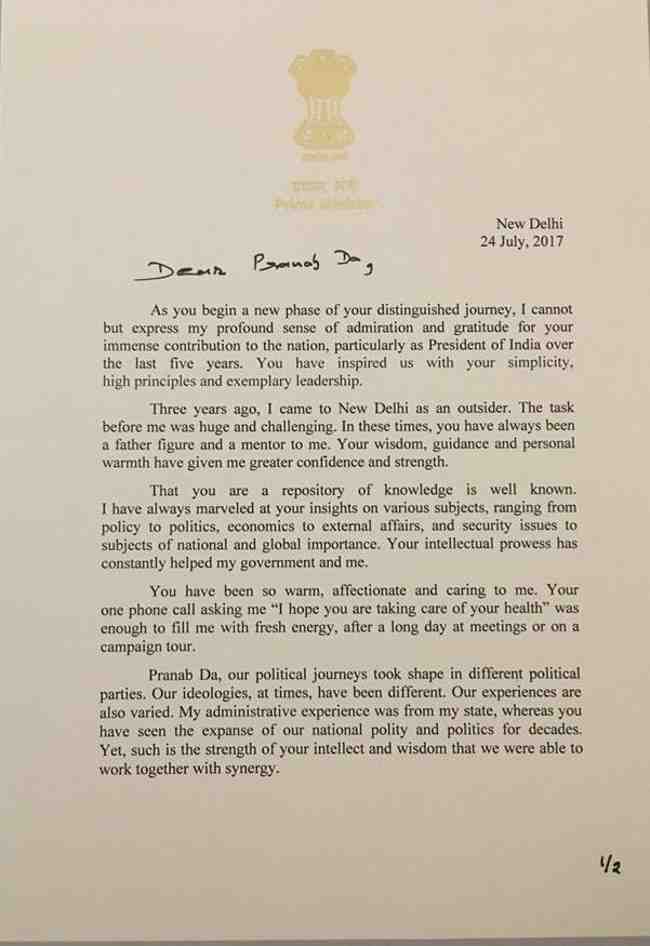 Modi's Letter to Mukherjee