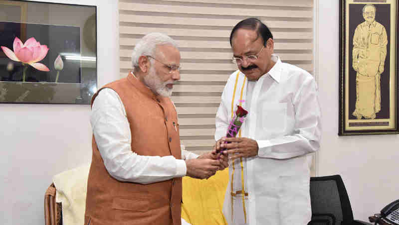 The Prime Minister, Shri Narendra Modi congratulates Shri M. Venkaiah Naidu on being elected India’s 13th Vice President, at his residence, in New Delhi on August 05, 2017.