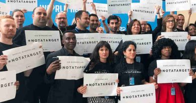 Staff stand together at United Nations Headquarters in New York to draw attention that civilians are #NotATarget. Photo: UN News/Paulina Carvajal