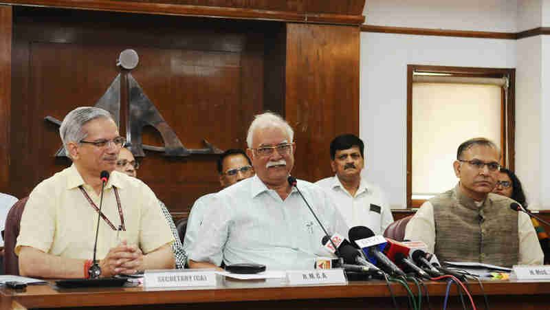The Union Minister for Civil Aviation, Shri Ashok Gajapathi Raju Pusapati briefing the media on the second round of bidding under RCS-Udan, in New Delhi on August 24, 2017. The Minister of State for Civil Aviation, Shri Jayant Sinha and the Secretary, Ministry of Civil Aviation, Shri R.N. Choubey are also seen.