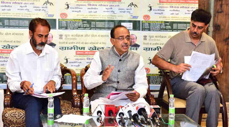 Vijay Goel addressing a press conference on Sports Talent Search Portal and Grameen Khel, in New Delhi on August 26, 2017