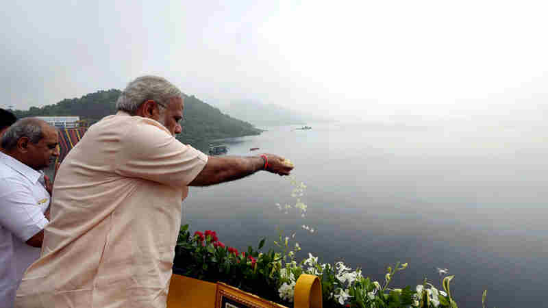 Narendra Modi at the Sardar Sarovar Dam, in Gujarat on September 17, 2017