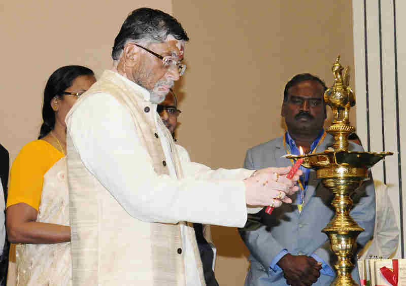 India's Minister of State for Labour and Employment, Santosh Kumar Gangwar, lighting the lamp at the presentation function of the Vishwakarma Rashtriya Puraskar and National Safety Award, in New Delhi on September 17, 2017.