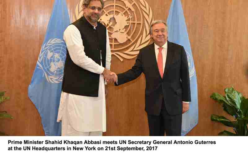 Prime Minister Shahid Khaqan Abbasi meets UN Secretary General Antonio Guterres at the UN Headquarters in New York on 21st September, 2017