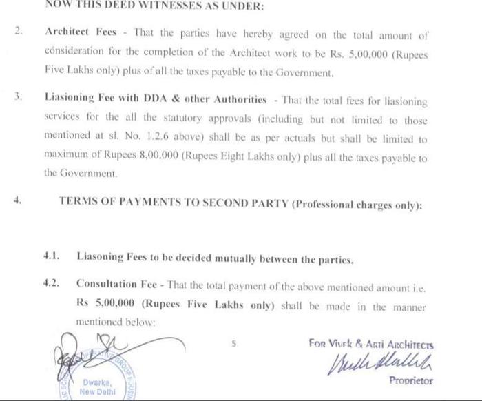 Contract document signed by the DPS CGHS President Neeraj Vaish to pay Rs. 8 lakh as “liasioning fee” to the architect firm. Liasioning fee is another name for bribe to get approvals for illegal construction.