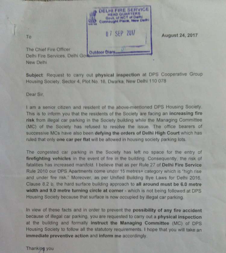 Letter from a senior citizen to get illegal car parking removed. Delhi Fire Service ignored the letter.