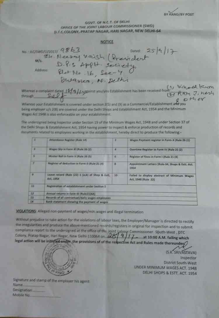 Notice from Labour Commissioner's office to DPS CGHS President Neeraj Vaish in the Labour Rights Violation case. DPS CGHS MC is trying to evade this case by hook or by crook.