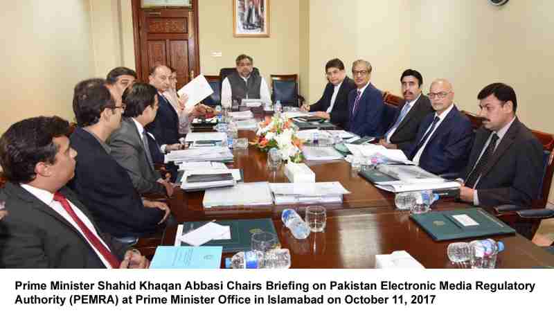 Prime Minister Shahid Khaqan Abbasi Chairs Briefing on Pakistan Electronic Media Regulatory Authority (PEMRA) at Prime Minister Office in Islamabad on October 11, 2017