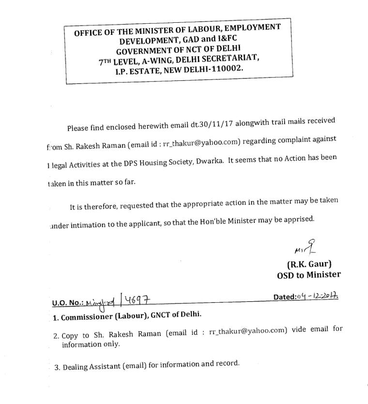 Letter from the Labour Minister's office about the illegal activities at DPS CGHS. Illegal activities have not stopped at DPS CGHS.