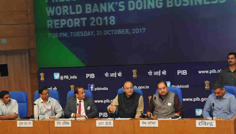 Arun Jaitley addressing a press conference on India’s ranking in the World Bank’s Ease of Doing Business Report 2018, in New Delhi on October 31, 2017