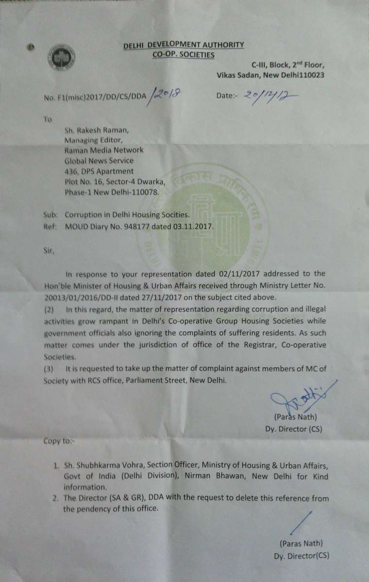 Letter written by DDA to RMN News Service. DDA suggests that it is the responsibility of Registrar Cooperative Societies (RCS) of Delhi Government to control corruption in group housing societies.